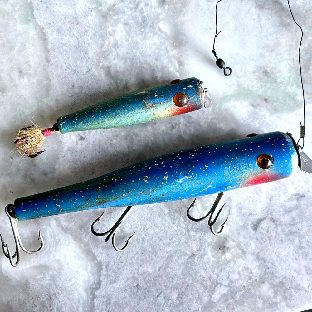 Vintage Wooden Fishing Lures Blue Glitter Glass Eyes Hand Painted Plugs Set of 2